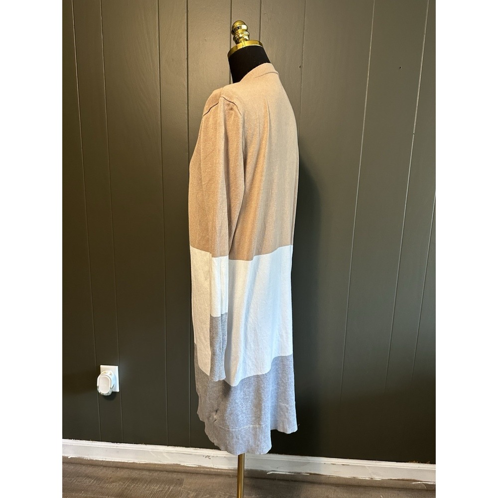 Unbranded Tan White Grey Longline Open Front‎ Cardigan L Large - Picture 5 of 6